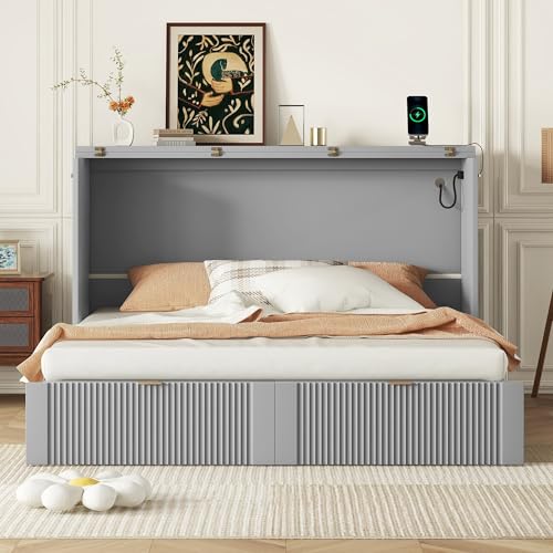 Harper & Bright Designs Queen Size Murphy Bed Cabinet Wall Bed Chest with USB, Charging Station and Large Storage Drawer for Home Office (White)