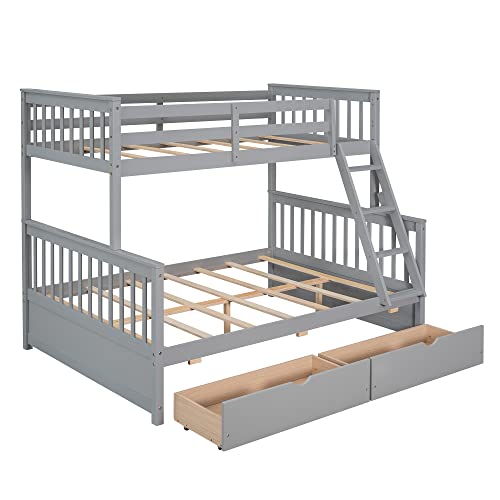 Ball & Cast Full Over Full Bunk Bed with Twin Size Trundle and Built in 4 Drawer,Wood Bunkbed w/Storage Ladder & Slat Support