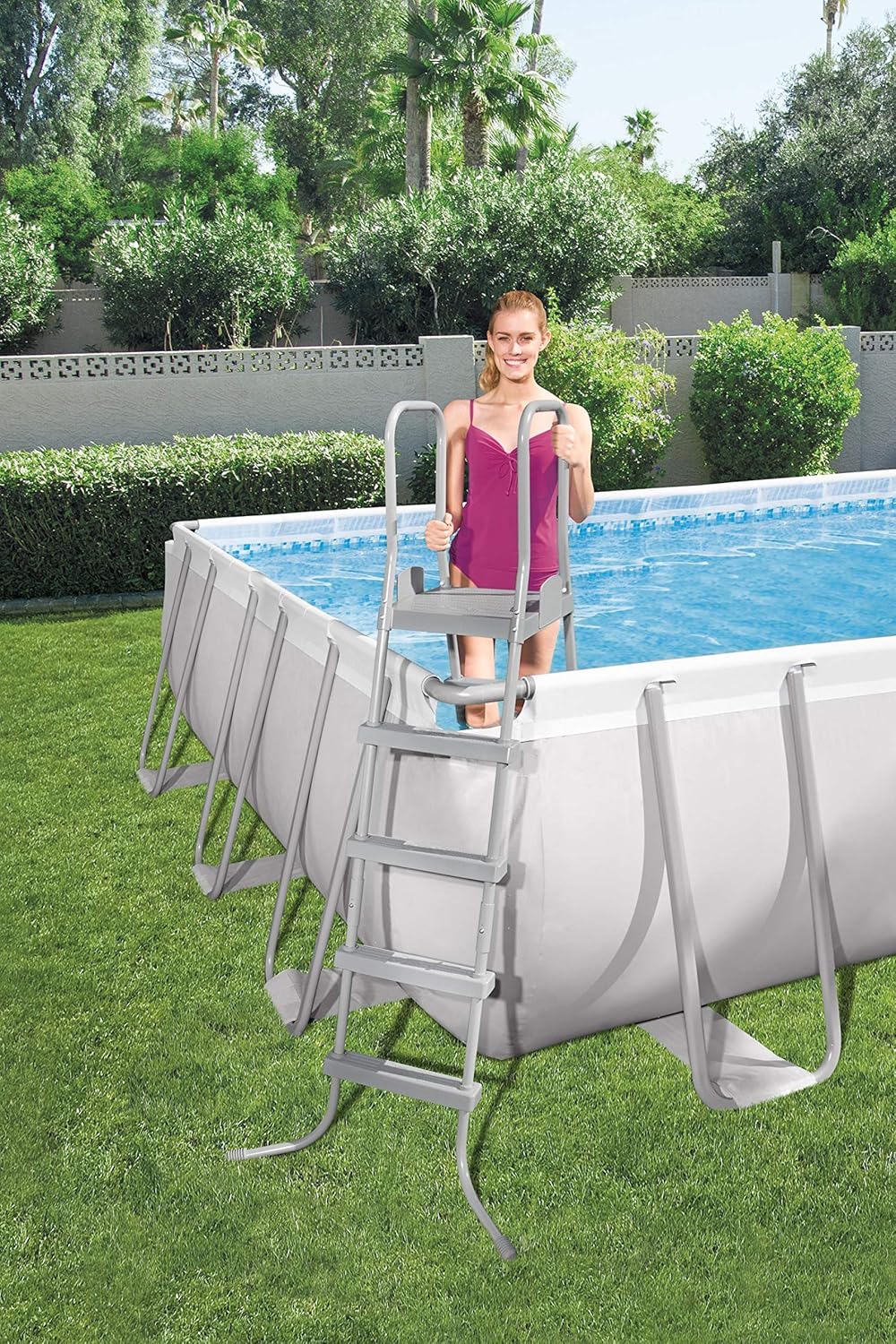 Bestway 56711E Power Steel 18' x 9' x 48 Outdoor Oval Frame Above Ground Swimming Pool Set with 1500 GPH Cartridge Filter Pump, Cover, & Ladder, Gray