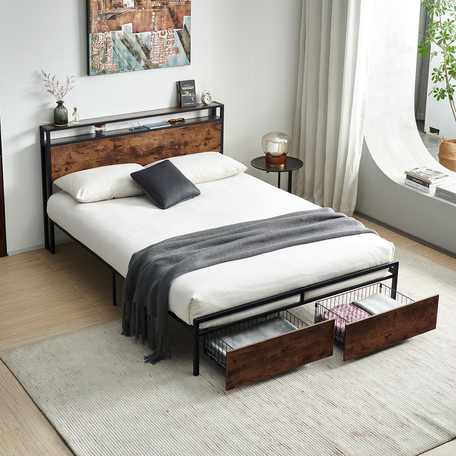 Tzicr QUEEN Size Bed Frame with Storage,Metal Platform Bed Frame with 2 Tier Storage Headboard and Electrical Outlet,USB Port Charging Station