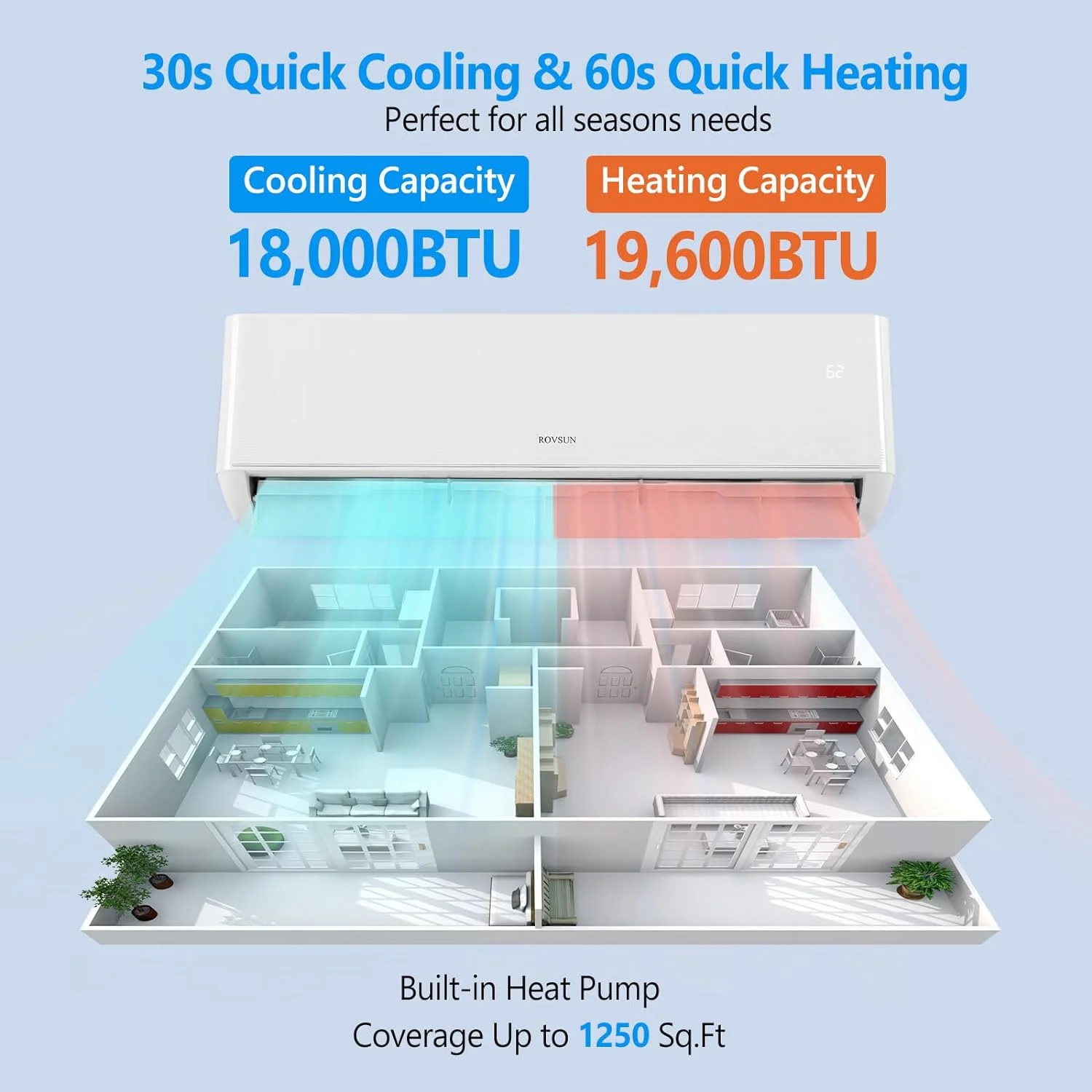 ROVSUN 18,000 BTU Wifi Enabled 22 SEER Mini Split AC/Heating System with Inverter, 230V Ductless Split System Air Conditioner w/Pre-Charged Condenser