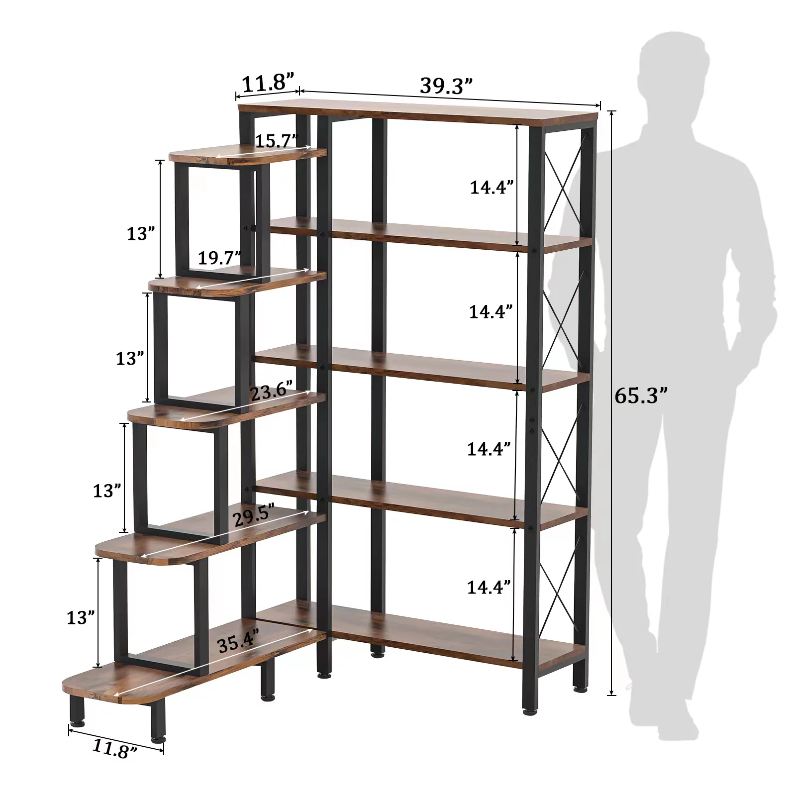 Corner Bookshelf Bookcase, Large Reversible 5 Tier Ladder Shelves Storage Display Rack with Metal Frame