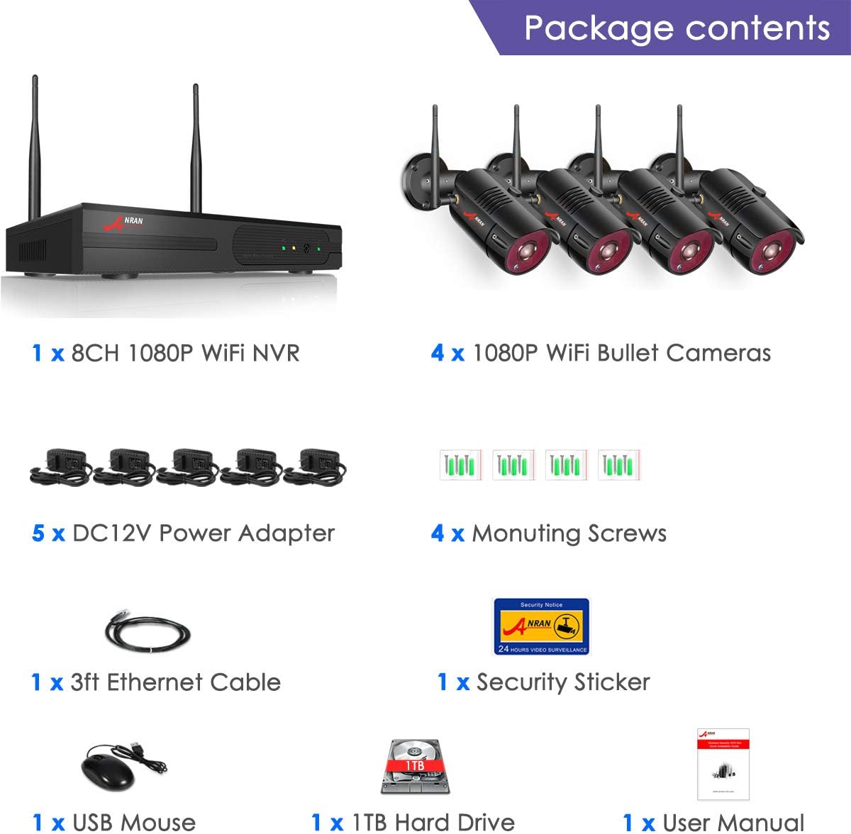 【5MP Lite DVR】8CH Wired outdoor Security Camera System with 8pcs 1080P HD Waterproof Surveillance Home Cameras, Easy Setup, Clear Night Vision