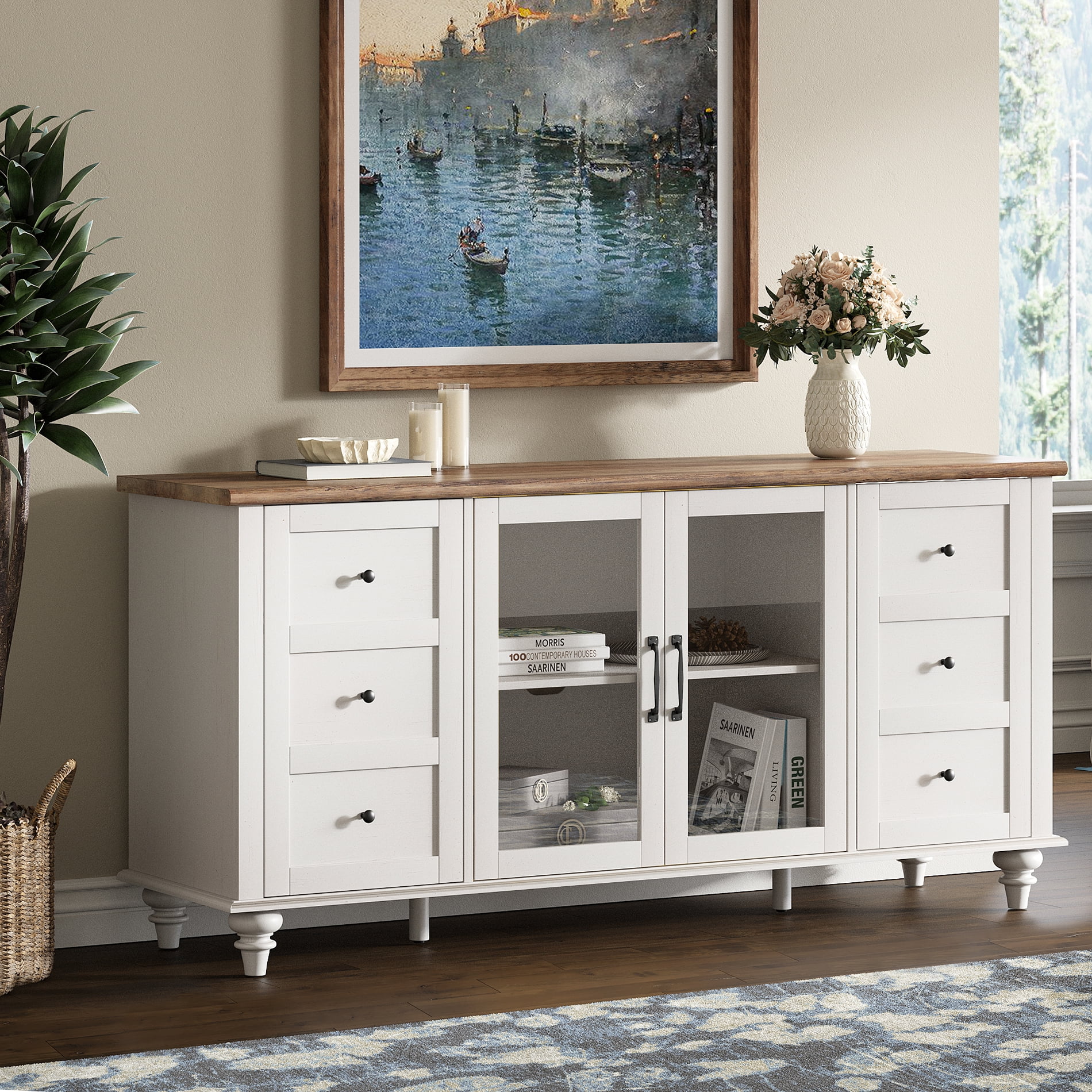 WAMPAT 4-Door Farmhouse TV Stand for TVs Up to 65 inch,Glass and Wood Universal TV Stand with 4 Storage Cabinets