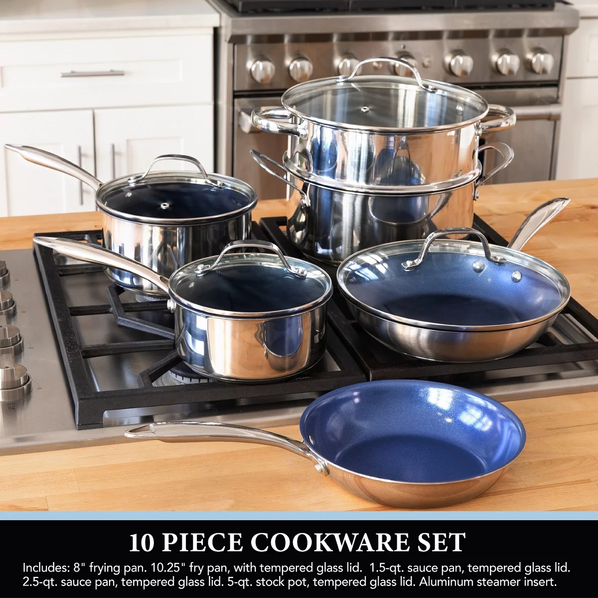 Granitestone Pro Stainless-Steel Pots & Pans Set Nonstick, Tri-Ply Base, 10 Piece Blue Nonstick Cookware Set includes Frying Pans