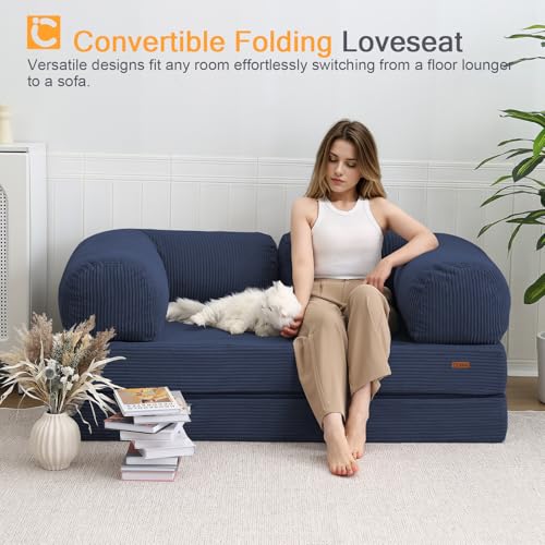 COMAX Folding Sofa Bed, Convertible Chair Bed Corduroy 3-in-1 Foldable Floor Couch with High-Density Foam, Futon Sofa Sleeper Mattress