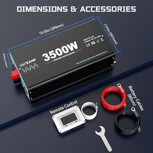 1500W Pure Sine Wave Inverter with Transfer Switch, 12V DC to 120V AC Converter with 2AC Outlets, USB Port, Type-C Port, Remote Controller