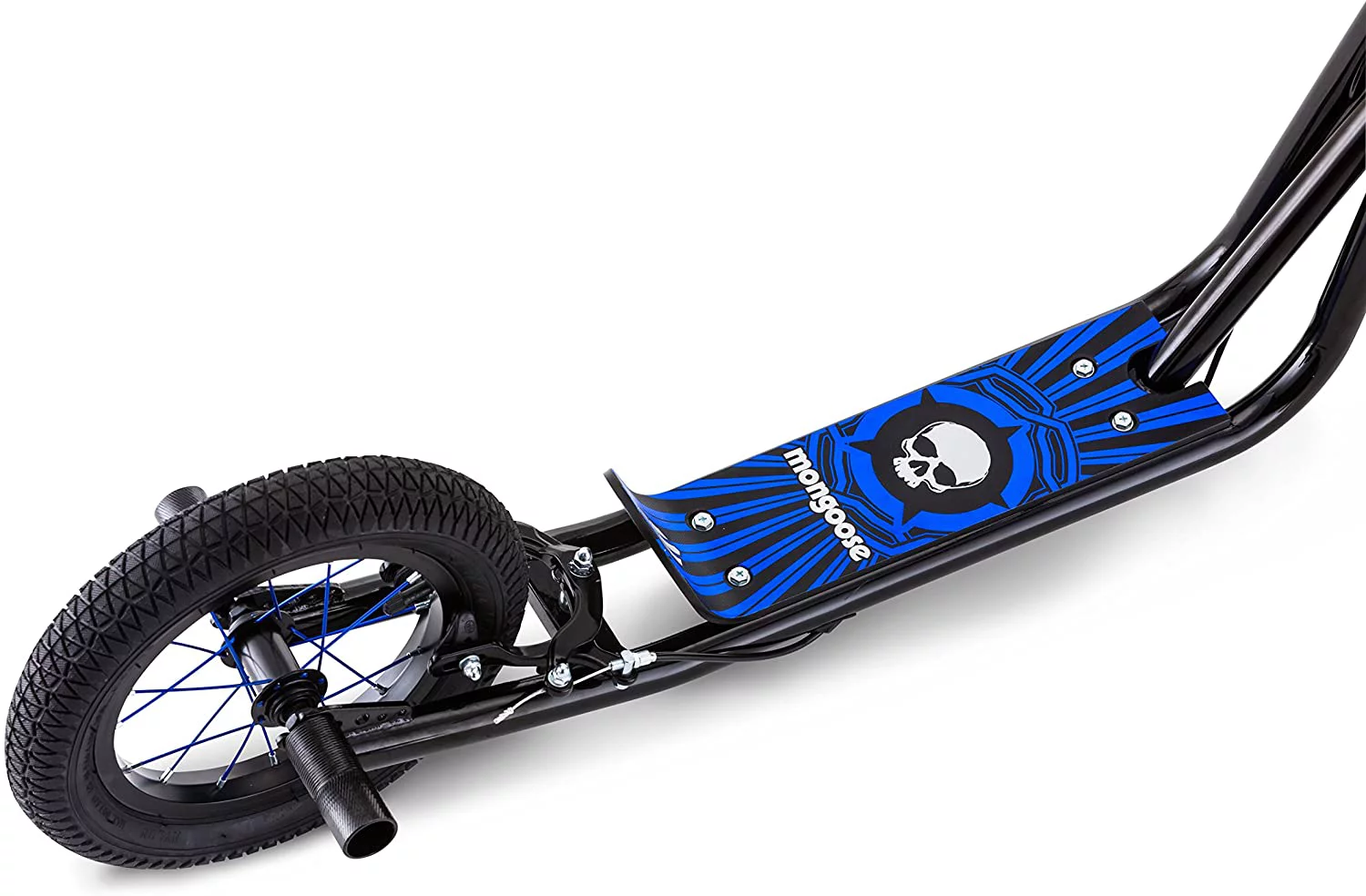 Mongoose Expo Youth Scooter, Front and Rear Caliper Brakes, Rear Axle Pegs, 12-Inch Inflatable Wheels, Black/Blue