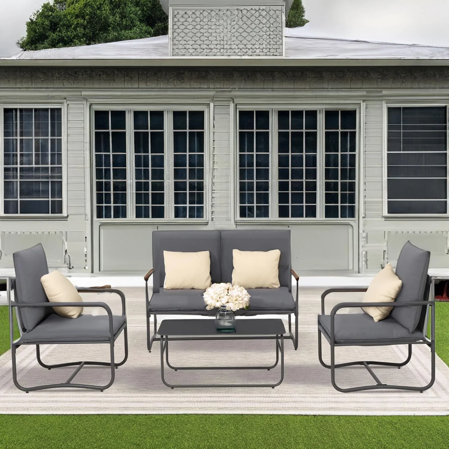 CozyHom 4 PCS Outdoor Patio Aluminum Sofa Furniture Conversation Sets with Coffee Table and 4-inch Cushion, Dark Grey