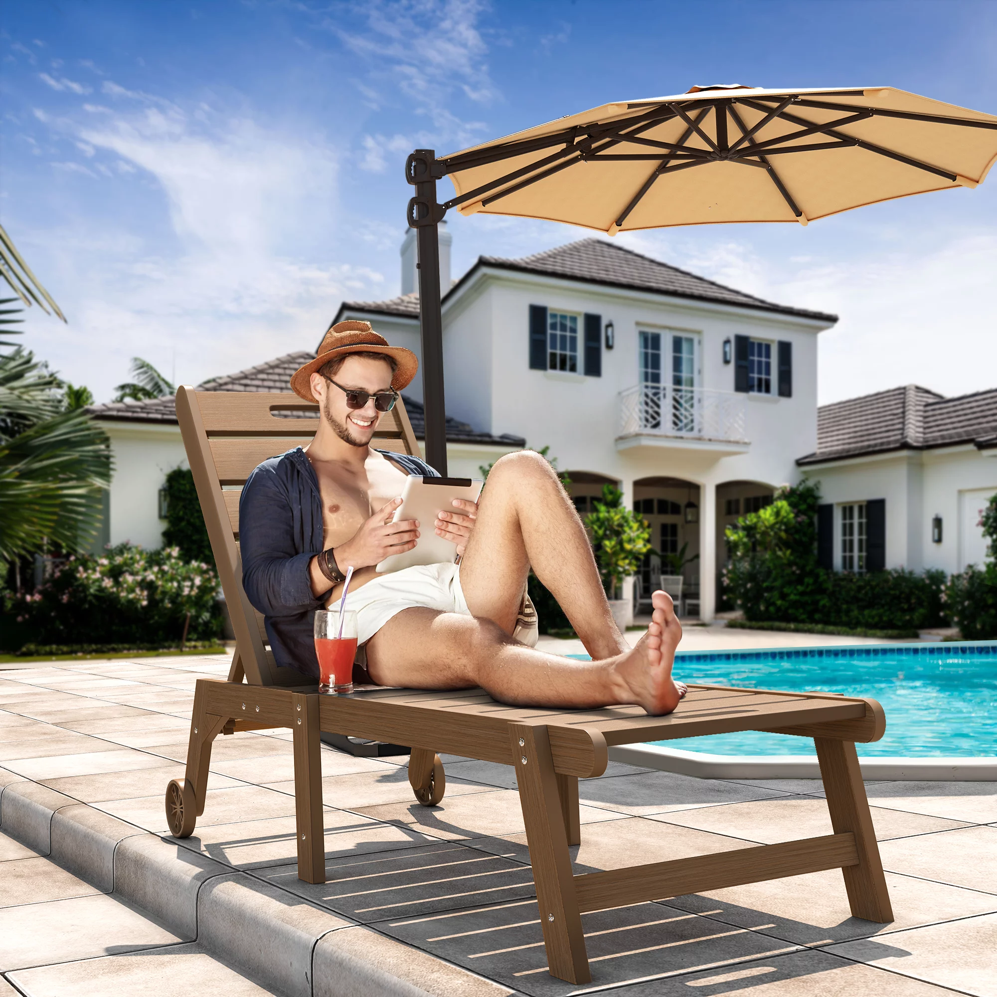 Dextrus Patio Chaise Lounge Chair With Wheel, Weather Resistant Poly Resin Fire Pit Chairs for Patio Pool Deck Lawn and Garden, Brown