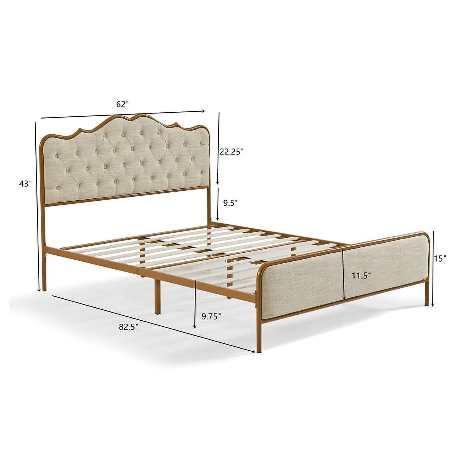 light Camel queen size bed with metal frame solid wood ribs and foam upholstery