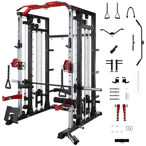 Smith Machine - 2200lbs Squat Rack Home Gym with LAT-Pull Down System & Cable Crossover Machine - Training Equipment with Leg Hold-Down Attachment