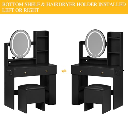 DWVO Vanity Desk with Mirror and Lights, Makeup Vanity Table Set with Power Outlets and Chair, 3 Lighting Colors
