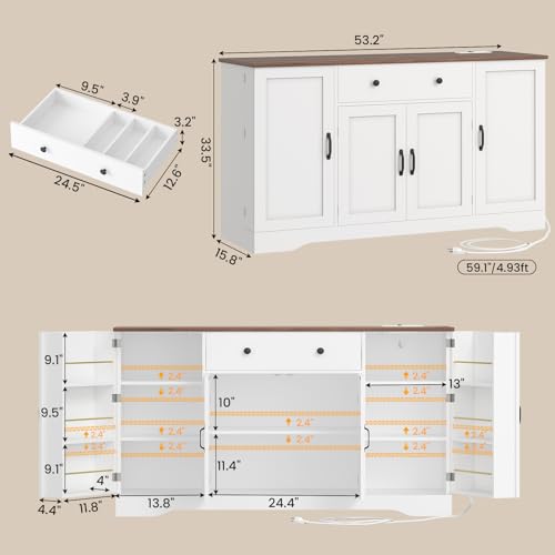 Buffet Cabinet with Storage & Charging Station, 53" Farmhouse Coffee Cabinet with Compartment Drawer