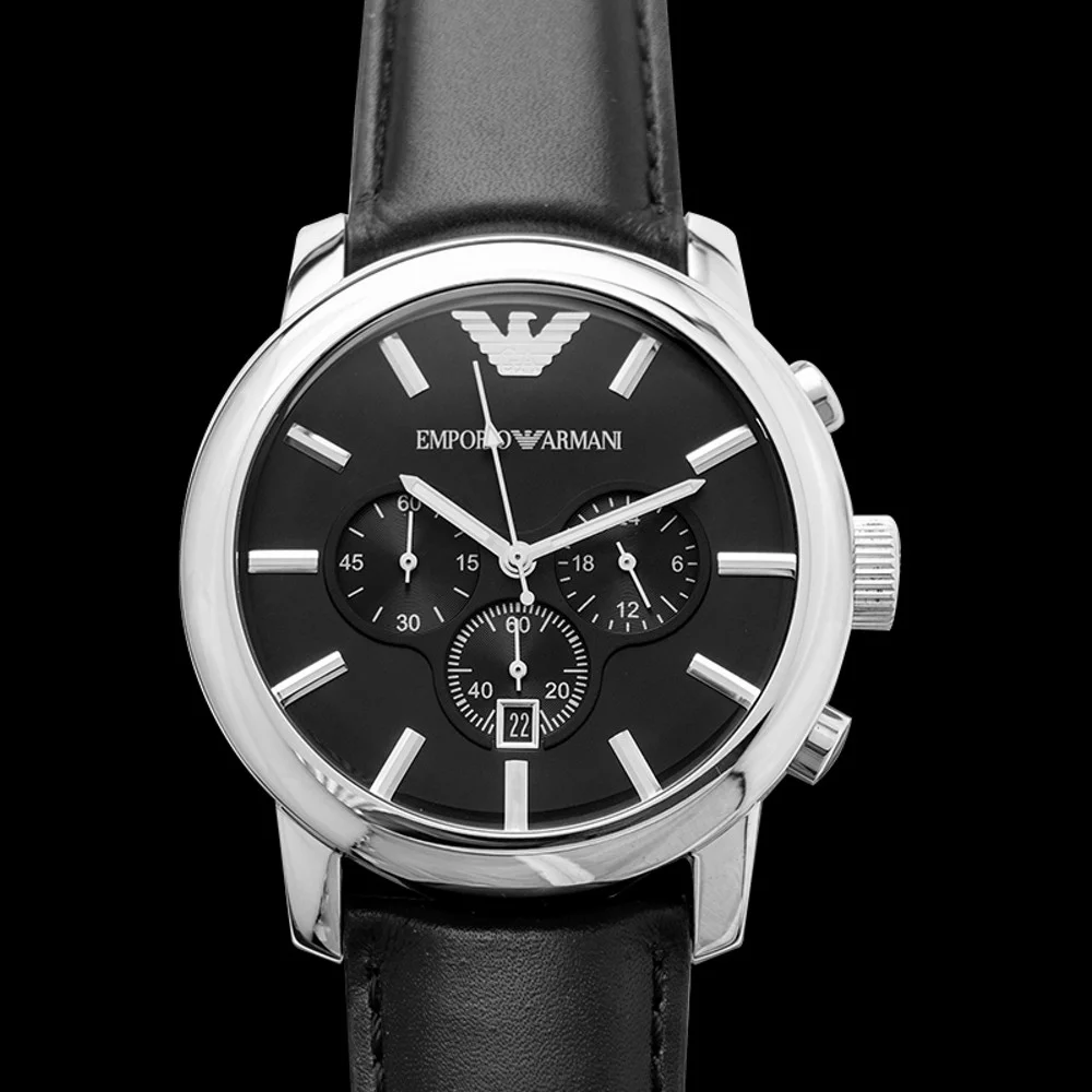Emporio Armani Men's Emporio AR0431 Armani Gents Stainless Steel Chronograph Watch with Black Leather Strap