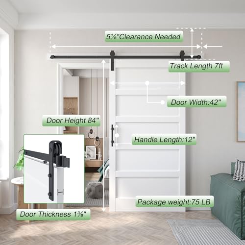 Fredbeck Double 21inx84in White Barn Door and 7FT Sliding Barn Door Hardware Kit Included,Solid,MDF, PVC Surface,DIY Assembly,5-Panel