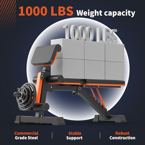 Adjustable Weight Bench - 1000LBS Heavy Duty Foldable Workout Bench Press with Leg Extension and Preacher Pad, Flat/Incline/Decline