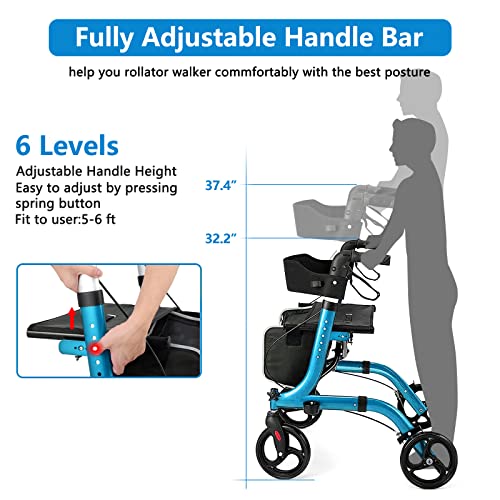 Rollator Walkers for Seniors-Folding Rollator Walker with Seat and Four 8-inch Wheels-Medical Rollator Walker with Comfort Handles and Thick