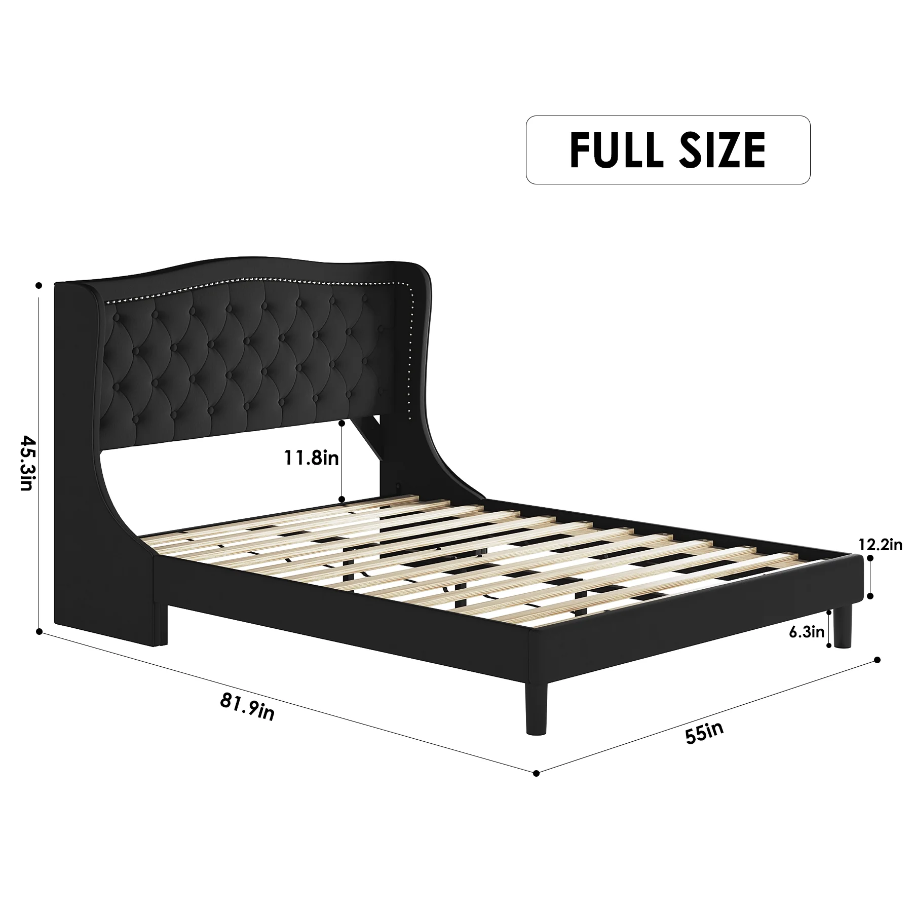 Homfa Full Bed Frame, Wing-Back Button Tufted Upholstered Headboard, Modern Platform Bed Frame with Wood Slat Support for Bedroom, Black
