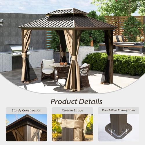 Domi 10’ x 10’ Hardtop Gazebo Metal Frame Canopy with Netting & Curtains