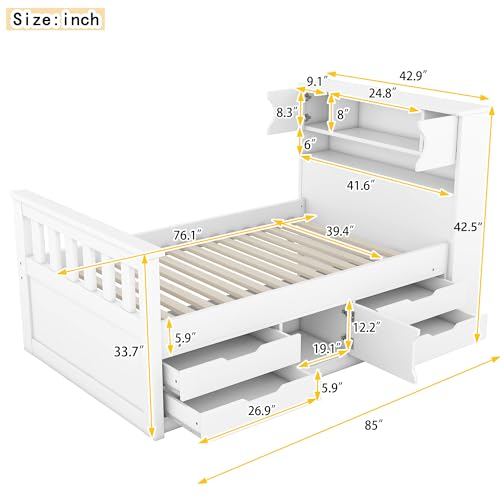 Harper & Bright Designs Twin Size Captain Platform Bed with Bookcase Headboard, Wood Twin Bed Frame with Storage Drawers and Shelves