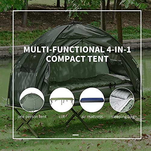 Outsunny Multifunctional Folding Camping Cots for Adults, Elevated Tent with Sleeping Bag, Thick Air Mattress Pad