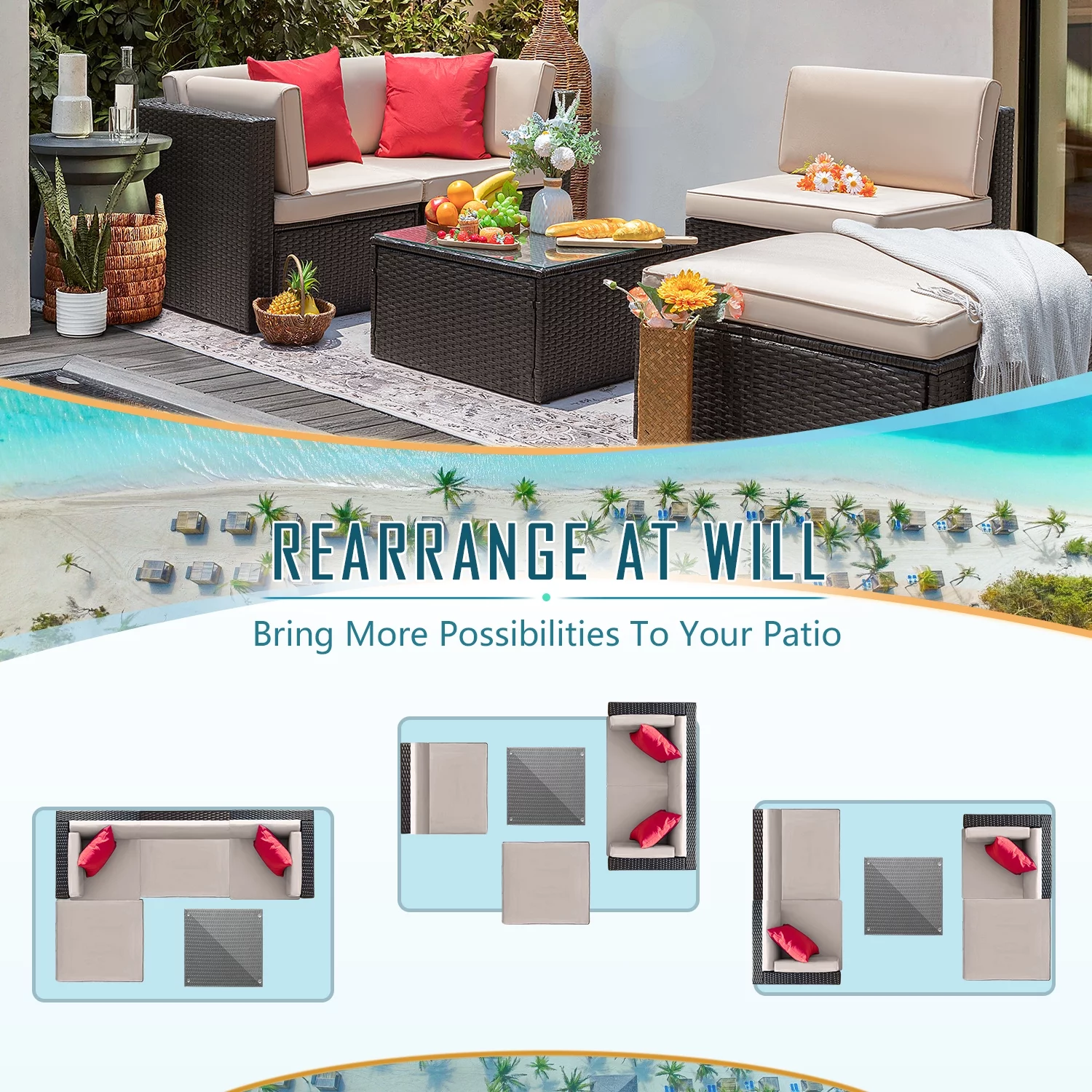 LACOO 5 Pieces Patio Sectional Set PE Rattan Outdoor All-Weather Wicker Conversation Set with Table, Beige
