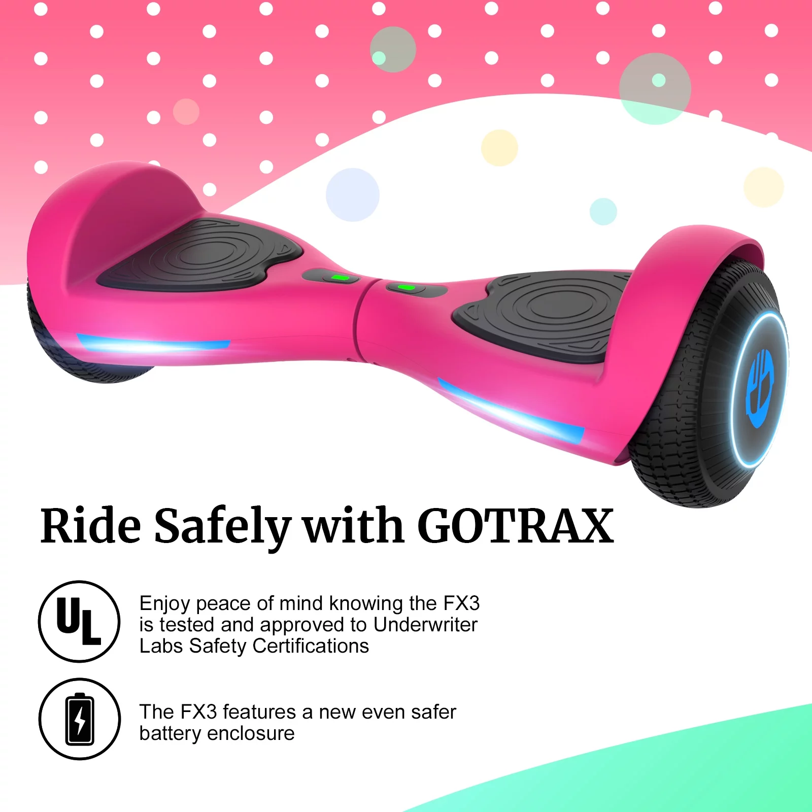 GOTRAX FX3 Hoverboard for Kids Adults 200W Motor 6.5" LED Wheels 6.2mph Top Speed, Pink