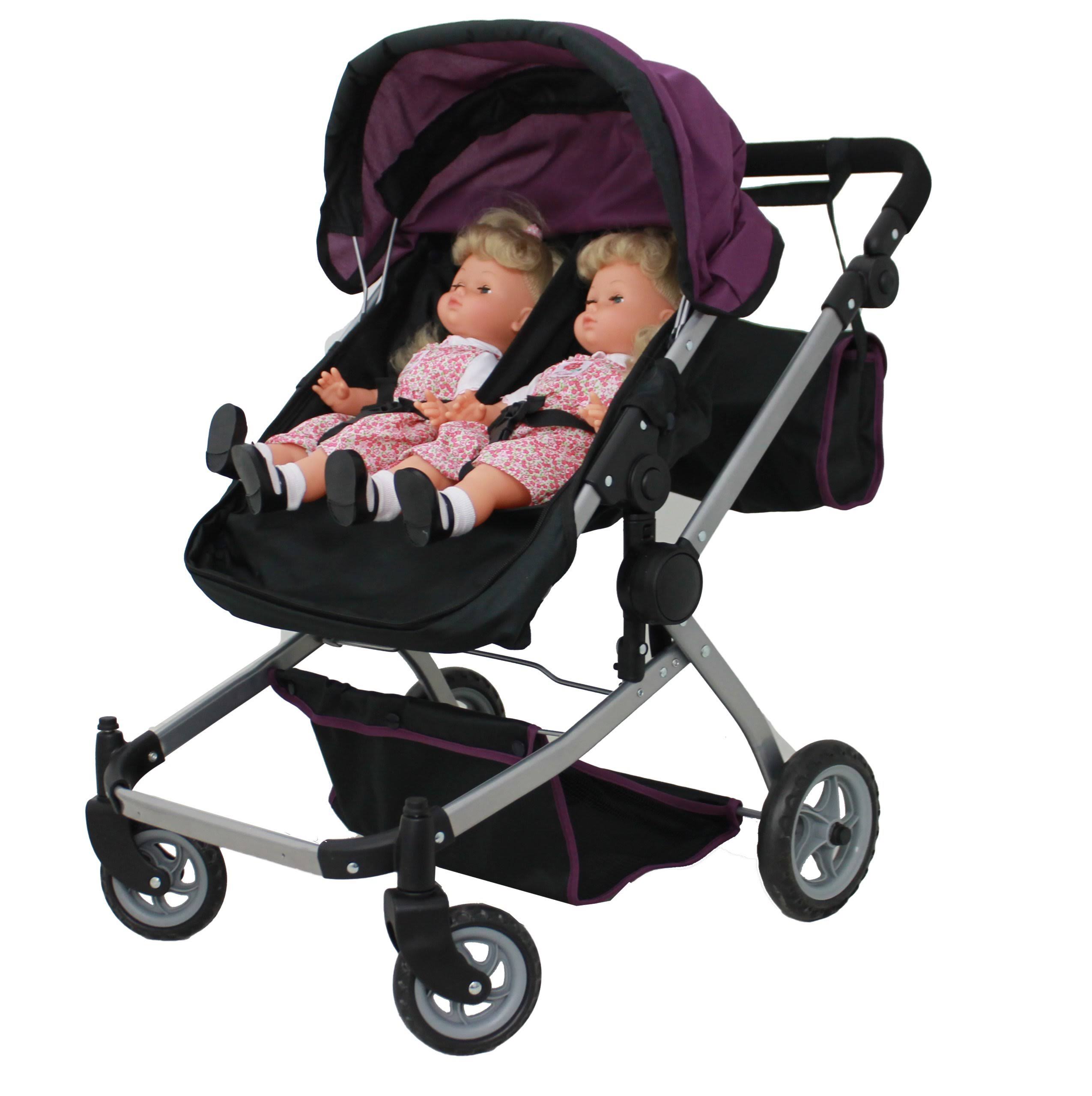 Babyboo Deluxe Twin Doll Pram/Stroller Purple &amp; Black with Free Carriage Bag - Megean