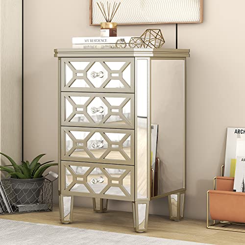 4-Drawer Chest Mirrored Bedroom Chests with Golden Lines, Crystal-Shape Knob, Glass Luster Tall Storage Cabinet for Bedroom Living Room, Entryway