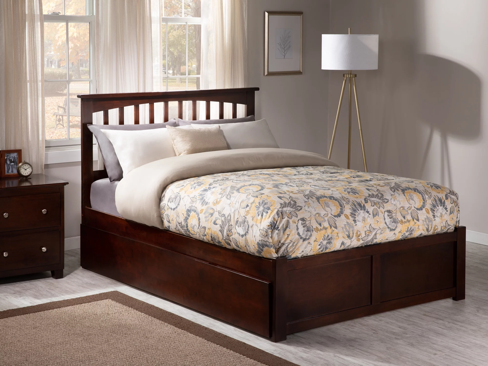 AFI Mission King Solid Wood Platform Bed with Footboard and Twin XL Trundle in Walnut