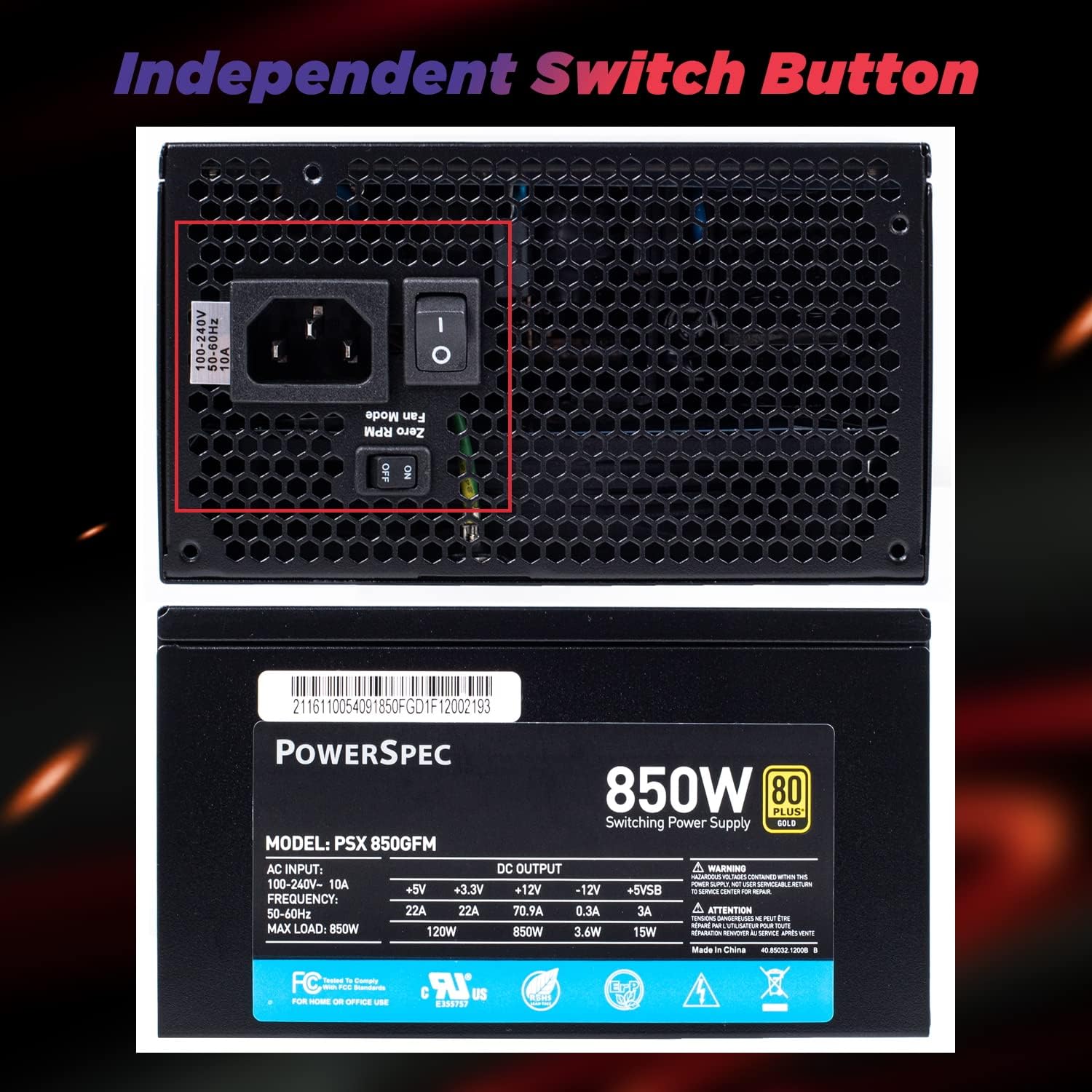 PowerSpec 650W Power Supply 80 Plus Bronze Certified Fixed Cable Non-Modular ATX PSU Active PFC SLI Crossfire Ready Gaming PC Computer Switching