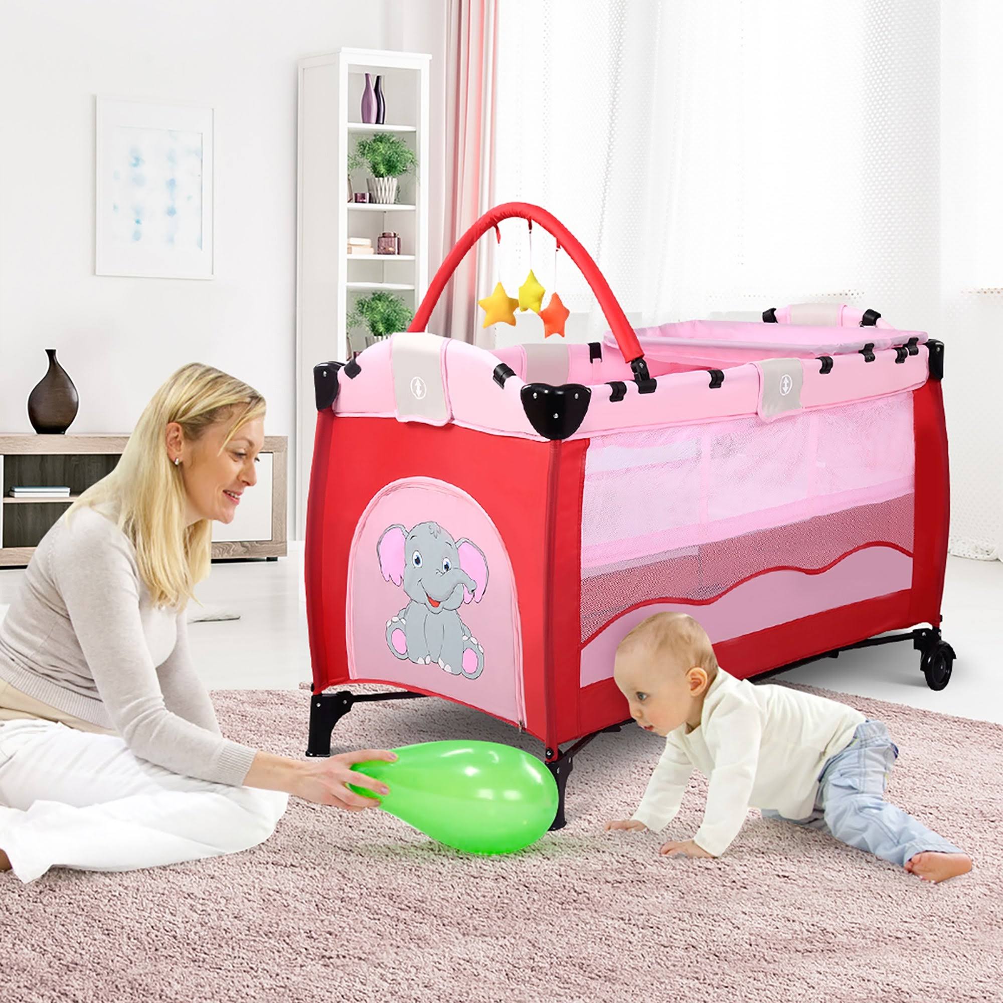 Portable Baby Playard Travel Bassinet Bed with Hanging Toys - Green