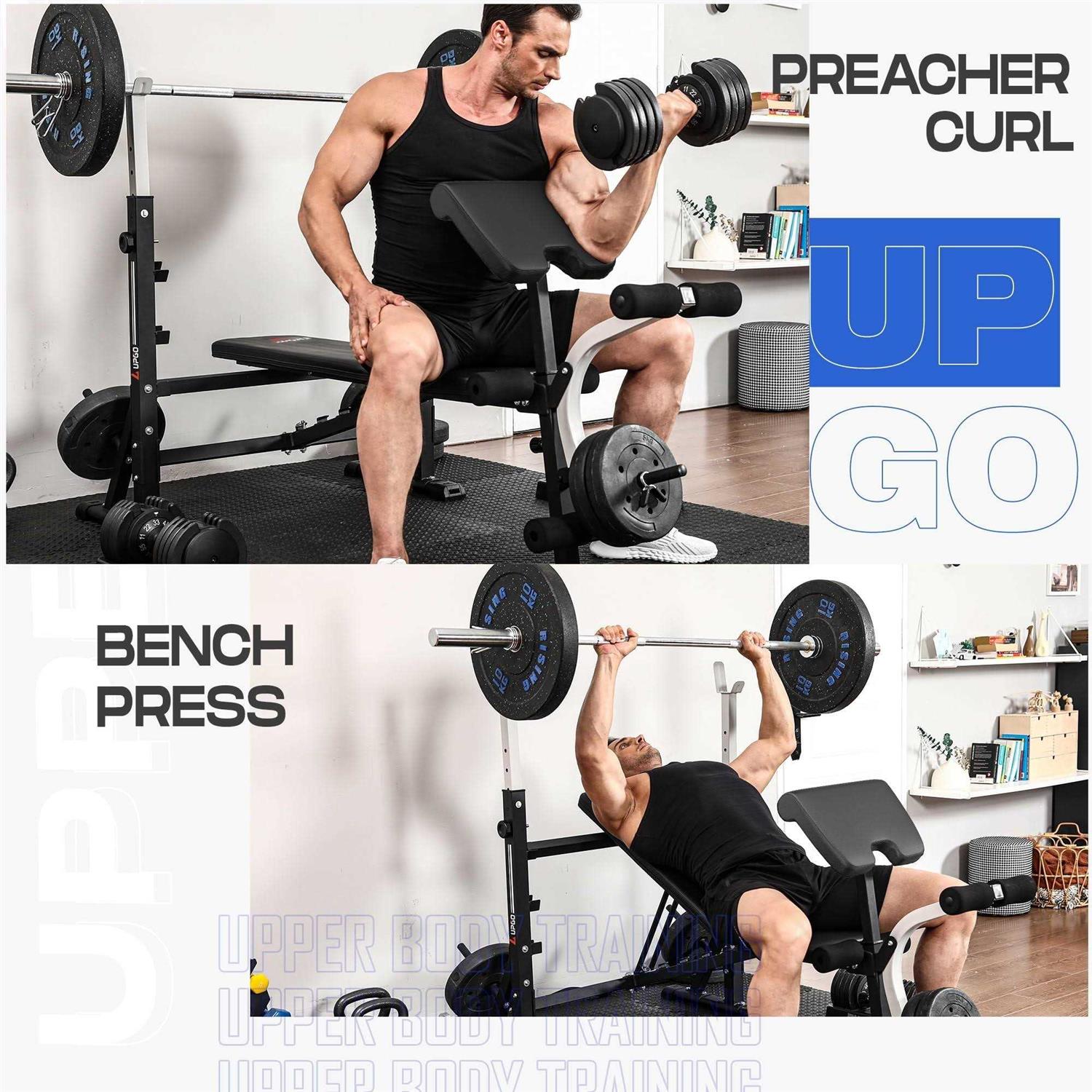 UPGO Standard Weight Bench Bench Press Set with Preacher Curl Pad and Leg Developer for Home Gym Full-Body Workout 900lbs Max Weight