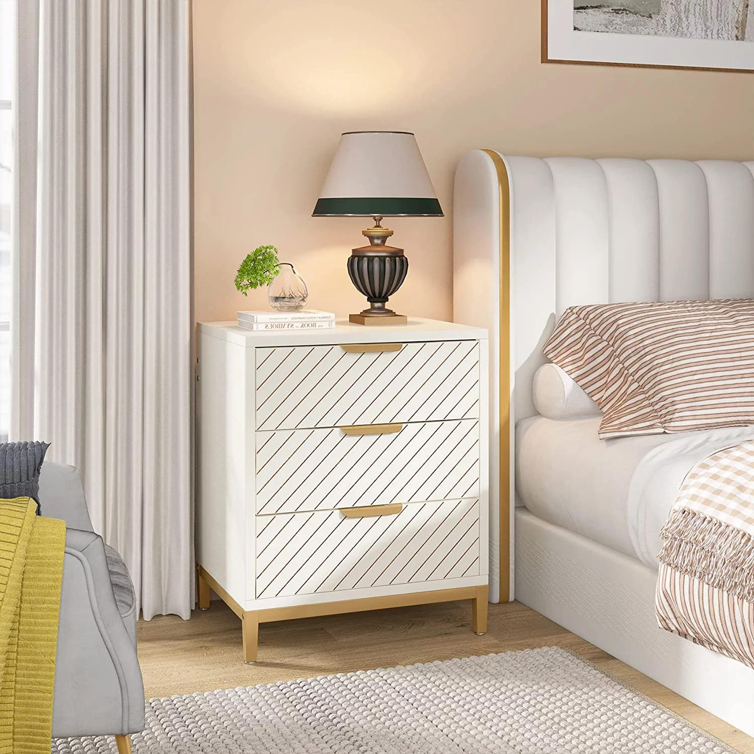 Tribesigns 3 Drawers Night Stands for Bedrooms, Light Wood Grain Nightstands, Bedside End Tables Storage for Living Room (1pc, White & Gold)