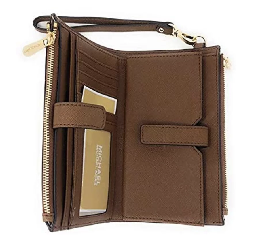 Michael Kors Jet Set Double Zip Wristlet Leather Phone Wallet Luggage Brown