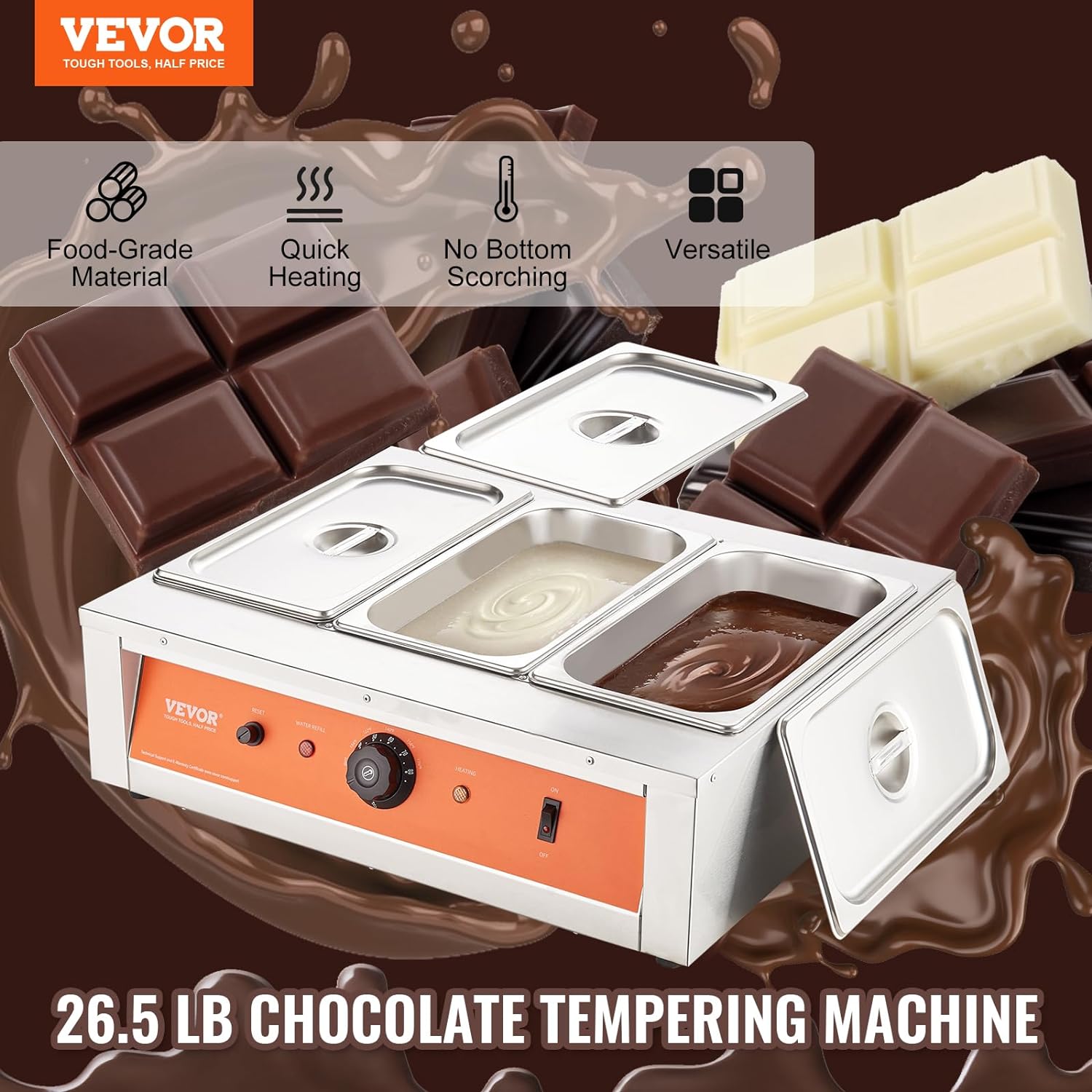 Chocolate Tempering Machine, 26.5 Lbs 3 Tanks Chocolate Melting Pot TEMP Control 86~185℉