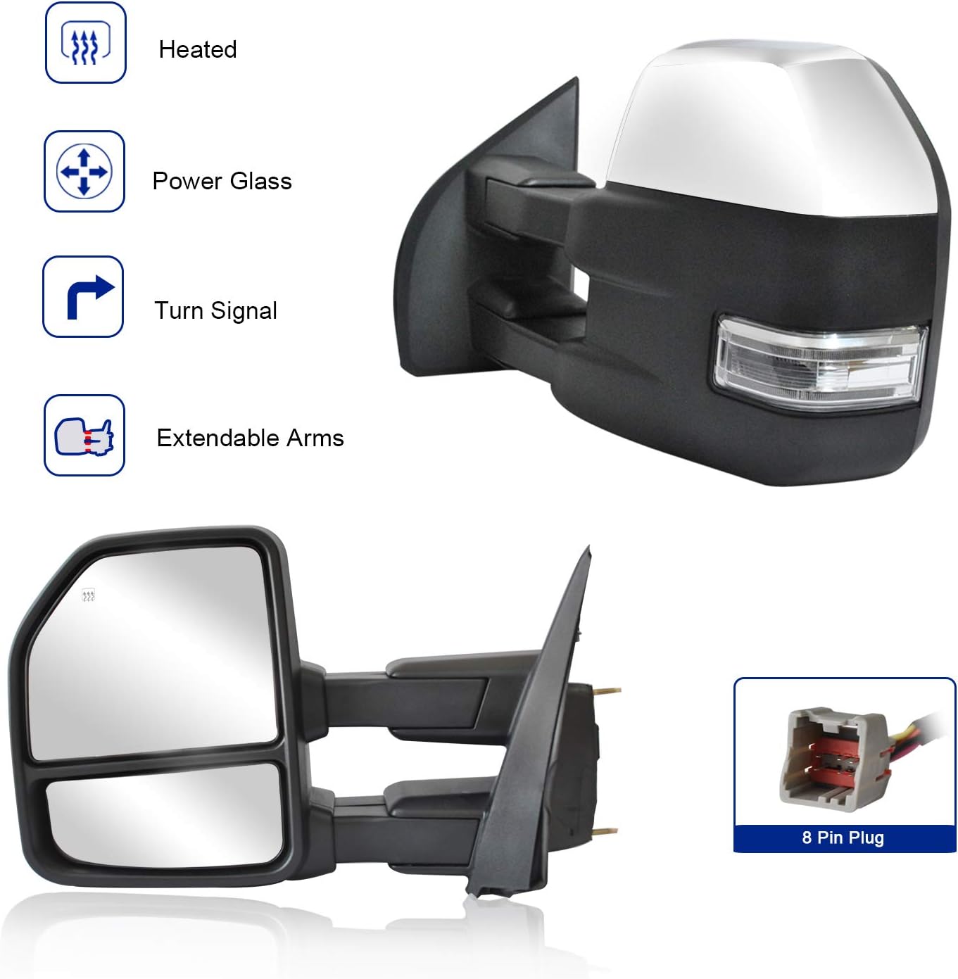 WLLW Towing Mirrors for Ford F150 Pickup Truck 2015 2016 2017 2018 2019, Power Heated with Turn Signal - 8 Pin Plug (Black Cap)
