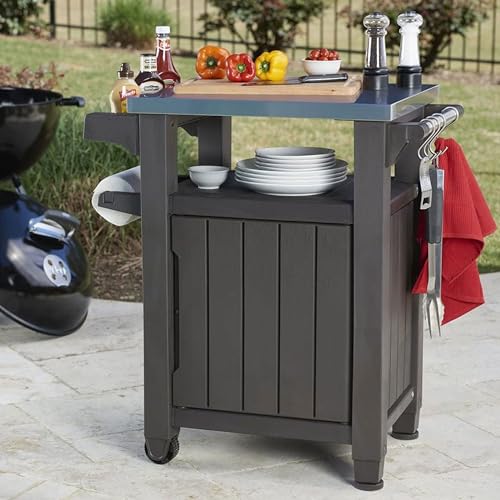 Keter Outdoor Rolling Table Cart for Food Prep, Storage, Bar & Grill, Dark Brown - Portable Kitchen Island Tabletop with Wheels for Drinks, Snacks