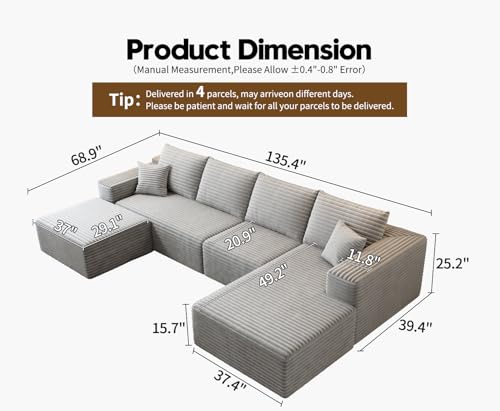 107.5" Cloud Modular Sectional Sofa with 1 Ottoman,Modern Minimalist Upholstered Couches, Comfort U Shaped Sofa for Living Room