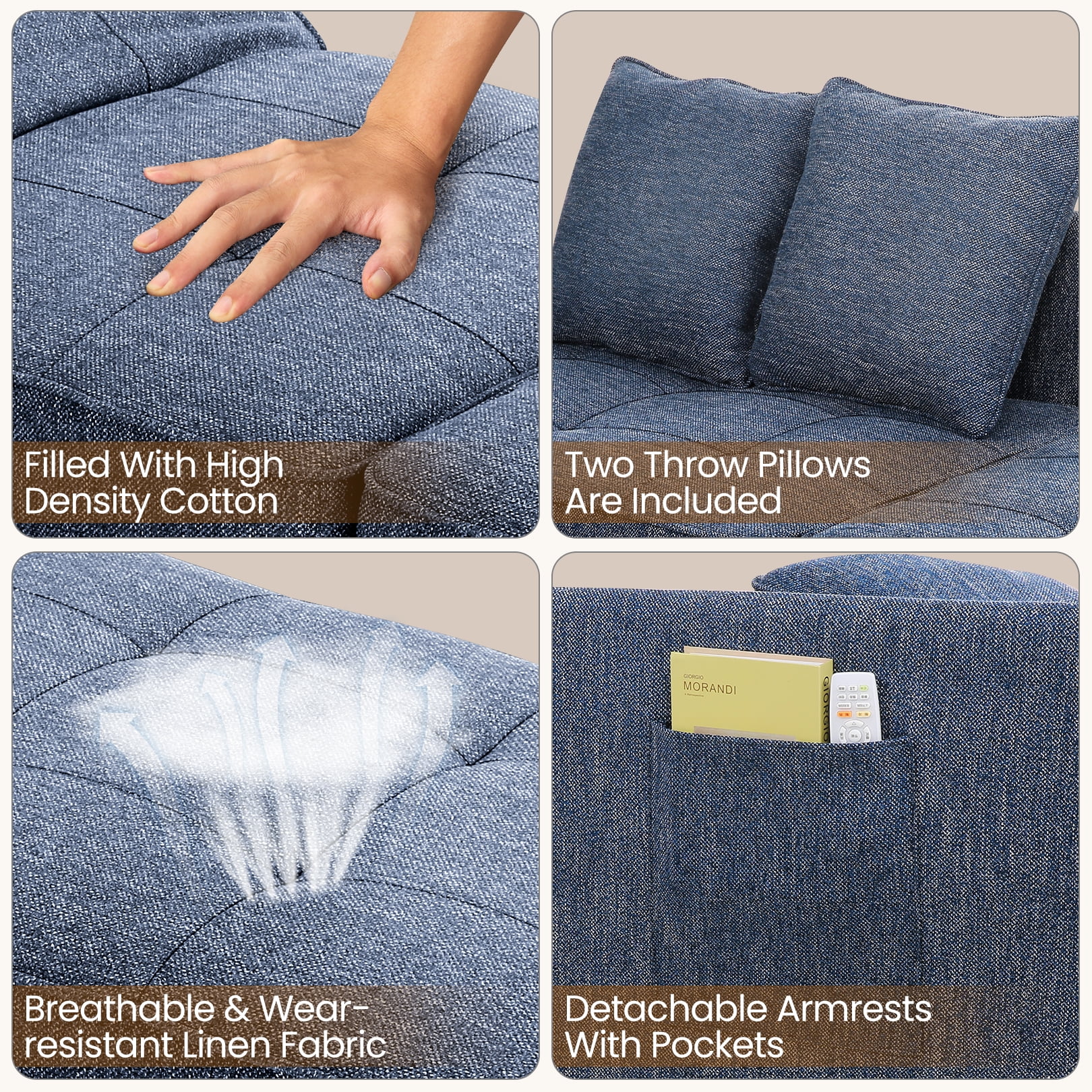 Linen Sofa Beds Chair, 4 in 1 Convertible Chair Sleeper Bed with 5 Adjustable Backrest and 2 Pillows, Blue