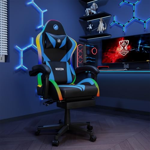 Gaming Chairs for Adults Tall and Kids，Lumbar Support,LED Lights，High Back Reclining Computer Chair with Headrest (Black+Blue)