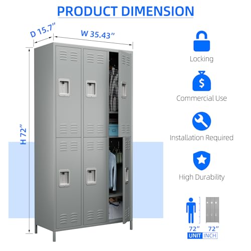 6 Door Metal Storage Locker 18 Hooks,Metal Locker for Employees with Lock for School Garage Office Gym Bedroom,Assembly Required