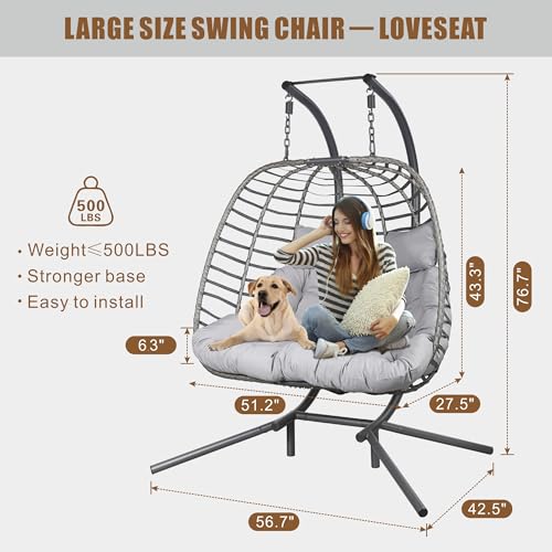 HWB Hanging Egg Chair with Stand, Patio Wicker Hammock Egg Swing Chair with Cushion for Bedroom Garden Indoor Outdoor (Beige)