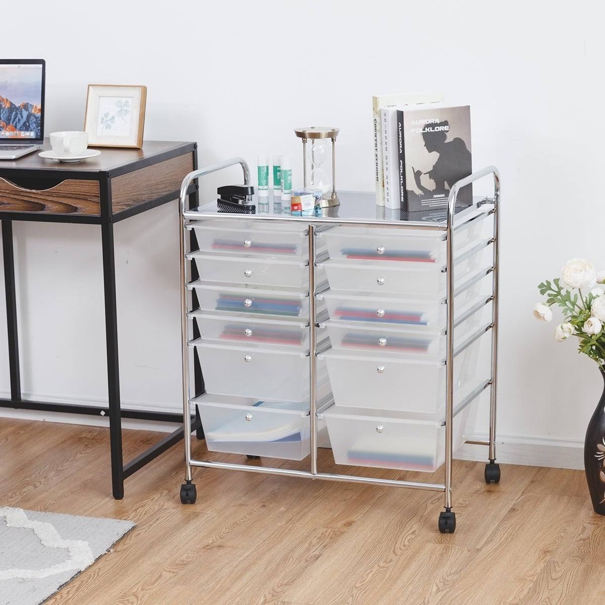 12-Drawers Rolling Storage Cart with Organizer Top - Clear