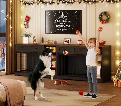 IDEALHOUSE 47” Large Dog Crate, Dog Kennel Indoor with 2 Drawers and 4 Shelves, Dog Crate Furniture TV Stand, Wooden Dog Cage for Medium Large Dogs