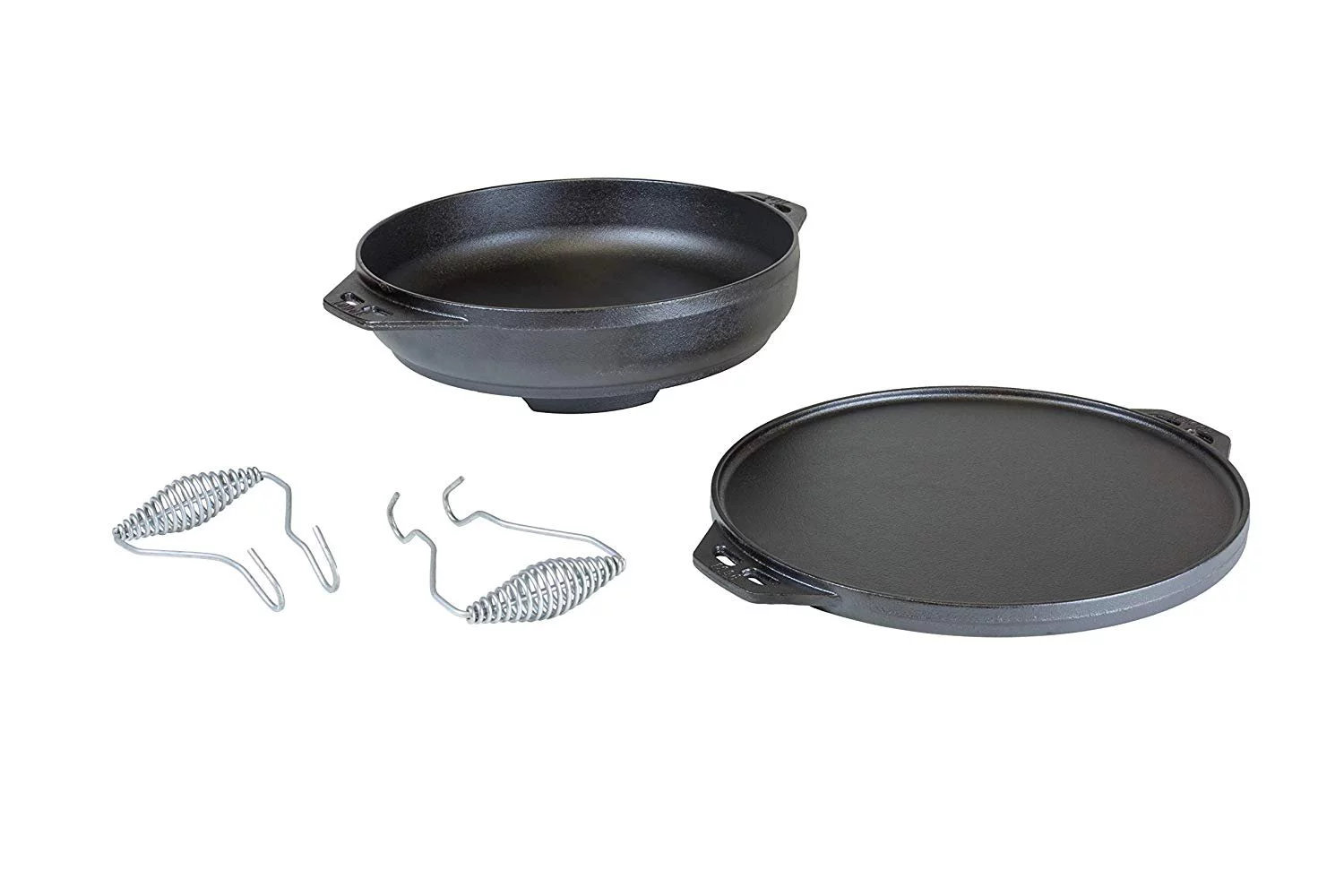 Lodge Cast Iron Cook-It-All Kit. Five-Piece Cast Iron Set includes a Reversible Grill/Griddle 14 Inch, 6.8 Quart Bottom/Wok, Two Heavy Duty Handles