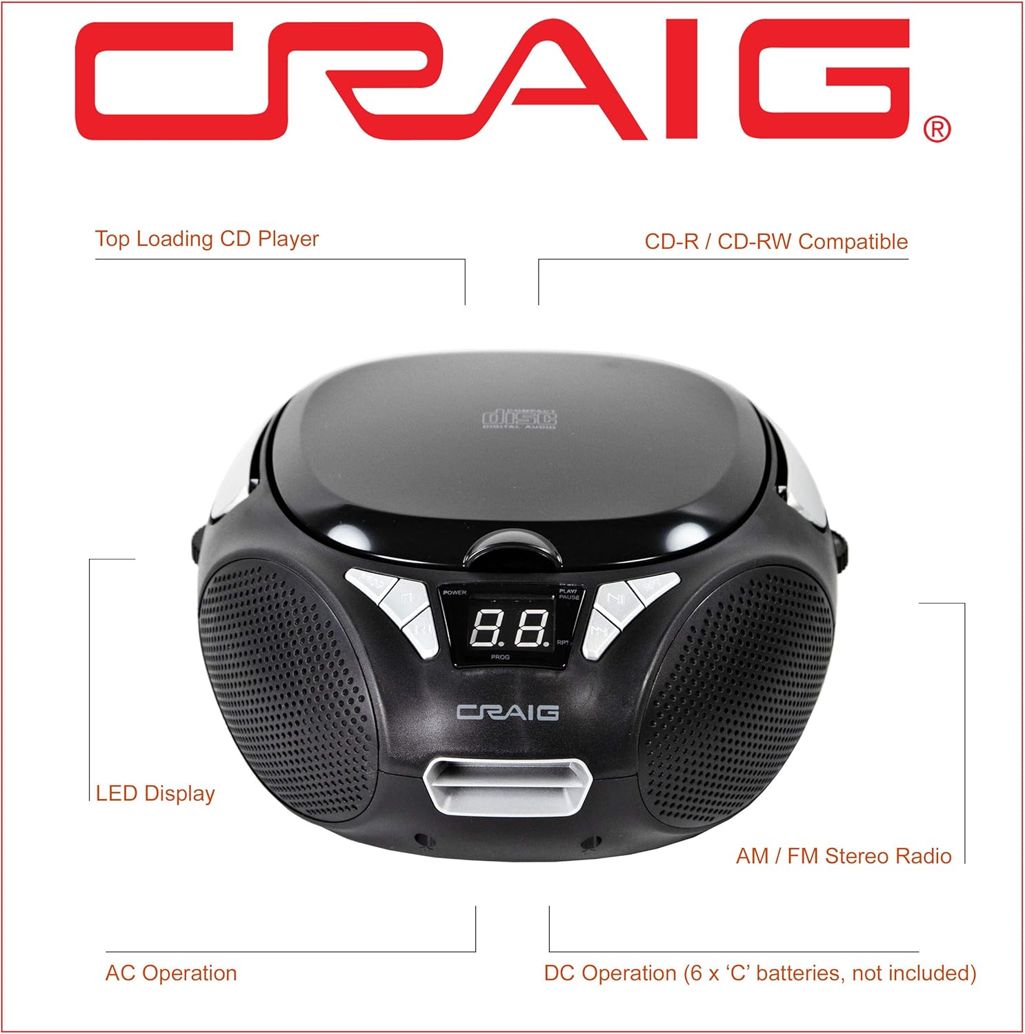Craig CD6925 Portable Top-Loading Stereo CD Boombox with AM/FM Stereo Radio in Black | LED Display | Programmable CD Player | CD-R/CD-W Compatible |