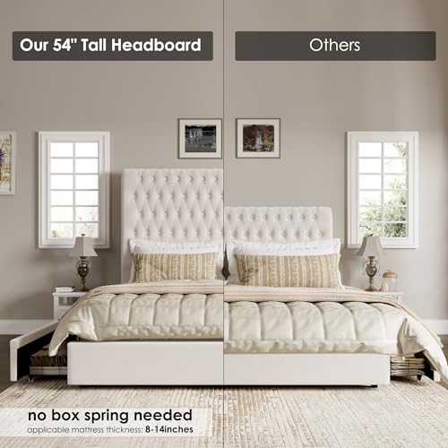 King Size Bed Frame 54" Tall Headboard with Gorgeous Button Tufted and Nail, Velvet Fabric Upholstered Bed Frame includes 4 Under-bed Storage Drawers