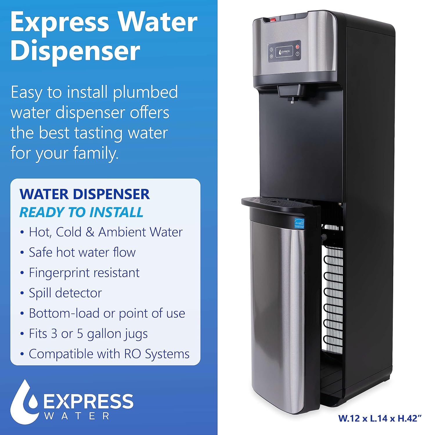 Express Water Water Dispenser for 5 Gallon Bottle Bottom Loading or Direct Point of Use - 3 or 5 Gallon Water Dispenser Hot, Cold, Room Temp